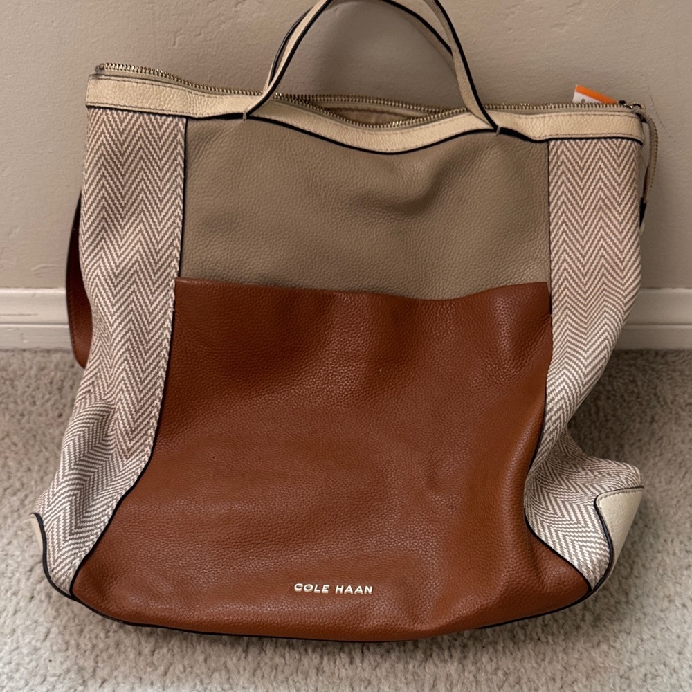 Cole Haan Grand Ambition Tan and Cream Herringbone Convertible Backpack Tote
